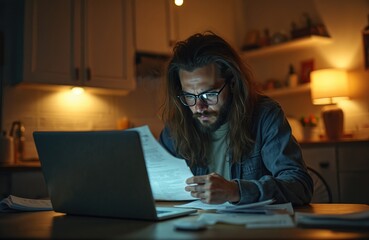 Young man with long hair, beard, glasses intently checks paper invoice. Sits at kitchen table, laptop screen glowing. Many bills surround late at night. Worries about urgent payments, serious money