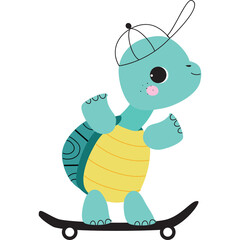 Cute cartoon baby turtle wearing a baseball cap rides a skateboard with a yellow shell and blue body on a transparent background