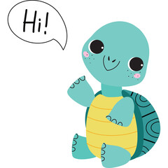 Cute cartoon turtle waving and saying hi with a speech bubble illustration for children © Abdul