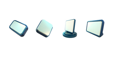 Glassy blue 3D device screens isolated on white background transparent gradient monitor shapes rectangular and circular glossy futuristic display icons