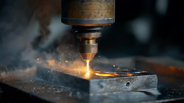 Closeup medium shot showing embedded laser cladding process in forging illustrating intricate metal layer integration beneath the surface under controlled laser exposure.