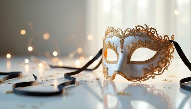 Ornate white and gold masquerade mask with black ribbon lies on reflective surface. Decorative festive lights and confetti add to elegant celebration mood.
