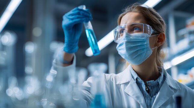 Woman in Laboratory Analyzing Blue Liquid in Test Tube, Wearing Safety Gear and Mask for Chemical Research and Experimentation