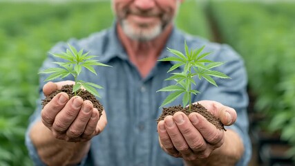 Farmer holding young hemp seedlings with soil in hands on green plantation