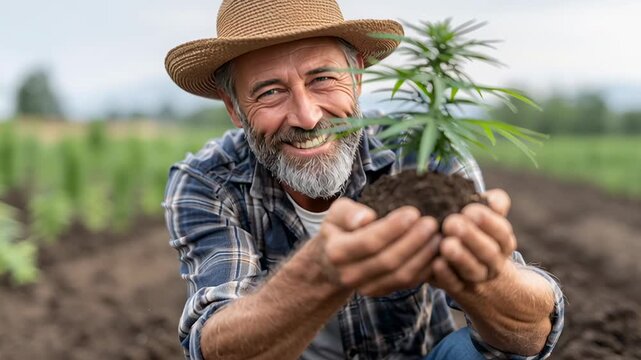 Happy farmer holding young hemp plant with soil on sunny agricultural field