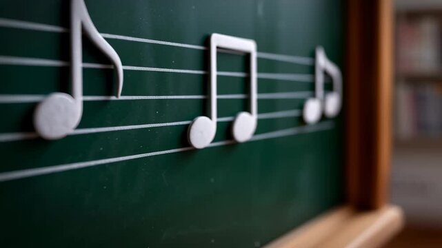 Close-up of musical notes on a chalkboard staff in a classroom environment