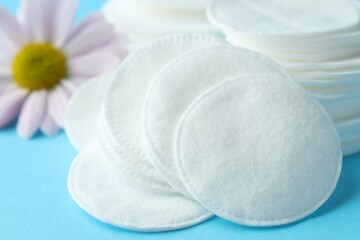 Clean cotton pads and daisy flower on light blue background, closeup