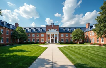 Majestic brick school building with manicured lawn and green trees under a bright blue sky with white clouds. Classical architecture features white columns at entrance and symmetrical design.