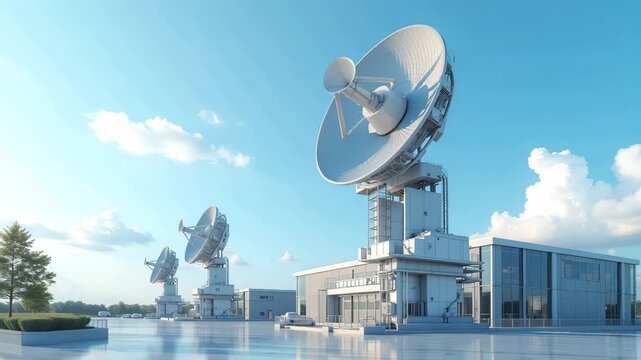 Large ground-based parabolic satellite dishes and control station against a clear blue sky ideal for telecommunication and global data transfer