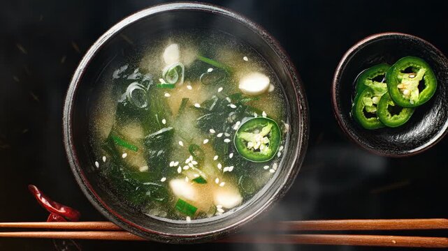 Miso soup in dish on black background with smoke
