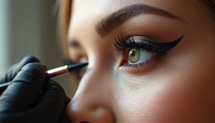 Closeup eye detail shows makeup artist applying eyeliner with brush. Woman gets beauty treatment for perfect cat eye look. Skilled hands create fine line art for glamour.