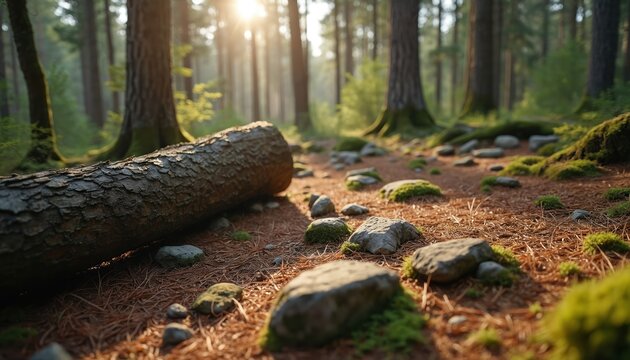 Fallen tree trunk lies on path in sunlit forest floor. Rocks and moss cover the ground. Tall pine trees stand in woods with light rays. Outdoors nature scene.