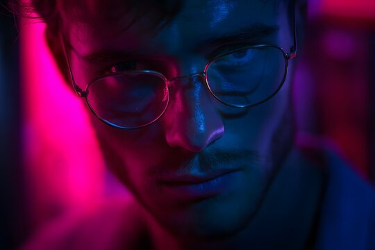 Intense close up of a man's face in blue and pink neon lighting
