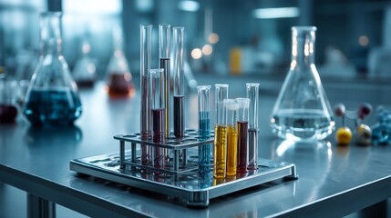 A Detailed Look at Colorful Liquids in Laboratory Test Tubes and Flasks Highlighting Scientific Research and Experimentation