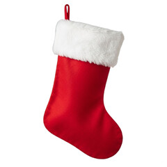 Empty, traditional red felt Christmas stocking with fluffy white faux fur cuff, detailed texture. Ideal for holiday promotions, festive banners, e-commerce, greeting cards & seasonal graphic design.