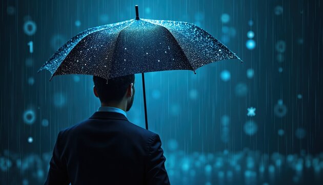 Lone businessman holds umbrella, shielding from falling digital rain. Binary code, tech symbols, numbers drop from blue sky. Faces future uncertainty. Image shows business protection from cyber