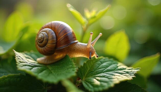 Macro photo of snail moving on green leaf. Insect exploring its way slowly in nature at sunlight. Snail with spiral shell at green garden. Close up view.