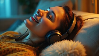 Young woman relaxes on couch wearing headphones listening music. She smiles with eyes closed, enjoying sound and comfort in her living room with warm indoor lighting.