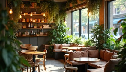 Fototapeta premium Cozy cafe interior with green plants. Wooden tables, chairs. Brown leather couches. Large windows with city view. Hanging light bulbs. Shelves with dishes, bottles. Modern furniture design. Indoor