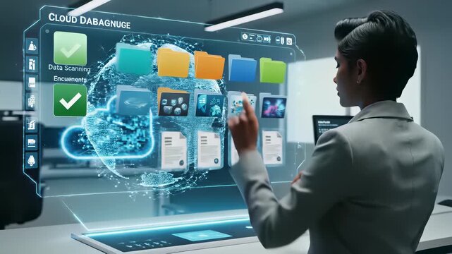 Futuristic workspace with holographic interfaces, showcasing professionals reviewing data on computer screens, navigating complex digital landscapes via cloud language interface.
