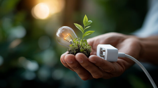 Hand grasping illumination device with power plug showing vegetation faceless person defocused natural background renewable energy icons sustainable development ecological - Powered by Adobe