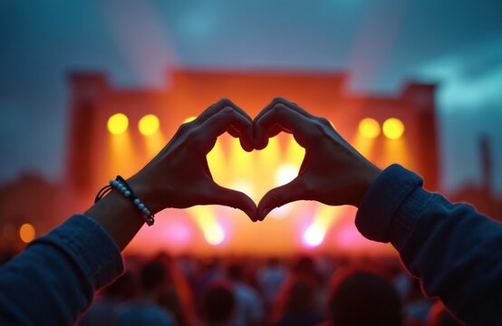 Hands form heart shape at outdoor concert. Crowd enjoys live music performance with stage lights shining bright. People feel unity, passion and joy at the event.