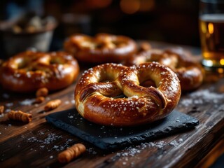 Delicious pretzels with salt and sauces on a bar table