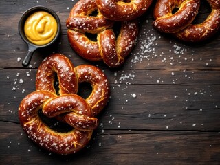 Delicious pretzels with salt and sauces on a bar table