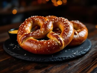 Delicious pretzels with salt on a bar table