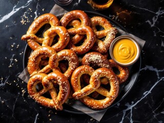 Delicious pretzels with salt and sauces on a bar table