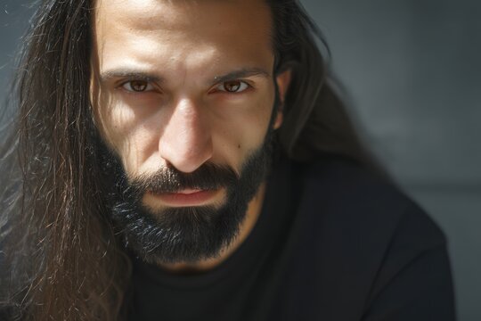 Intense portrait of a man with long hair and beard looking at camera with serious expression