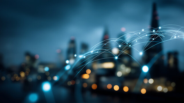 Wireless network and connection technology concept defocused abstract city background digital infrastructure visualization urban connectivity scene communication grid display