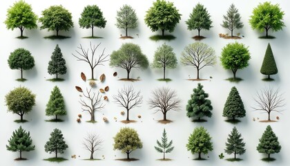 Collection of various tree types shown. Many green deciduous trees with full foliage stand alongside evergreen conifers, bare winter trees. Forms diverse set for architectural landscaping design
