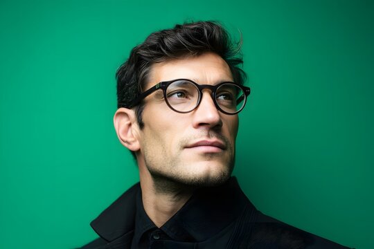Man with glasses looking up and away, posing in front of a green screen
