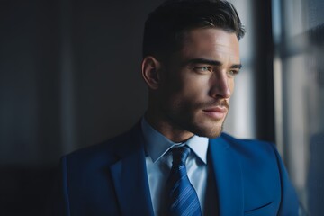 Thoughtful businessman gazes out of the window with a determined expression