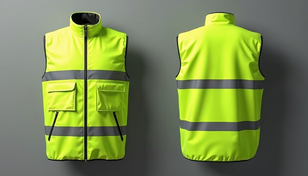 High visibility safety vest with reflective stripes. The garment is designed for construction road work or traffic control. Front and back sides of jacket are shown.