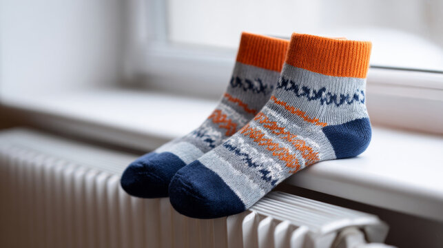 Pair of colorful knitted socks drying on a white radiator near a window in a cozy indoor setting