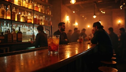 Dimly lit bar offers cocktails and conversation to friends seated at a wooden counter. Bartender works behind shelves stocked with liquor bottles, creating a cozy, exclusive atmosphere.