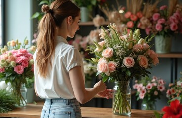 Young woman florist arranges pink roses bouquet in shop. Female designer creates floral arrangement for wedding. Business owner works with fresh flowers.