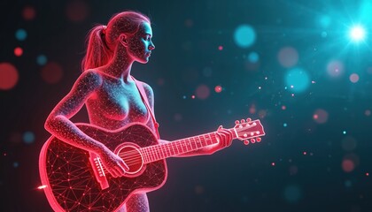 Digital woman plays guitar with polygon structure, illuminated by red neon light. Futuristic musician performs music, abstract particles float around her, creating an energetic vibe.