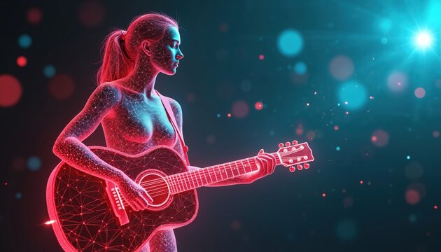 Digital woman plays guitar with polygon structure, illuminated by red neon light. Futuristic musician performs music, abstract particles float around her, creating an energetic vibe.