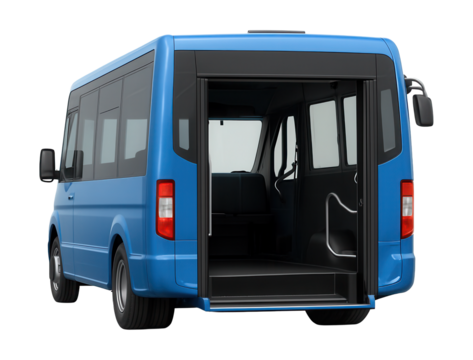 Low-floor minibus featuring a wide rear entrance and kneeling suspension.