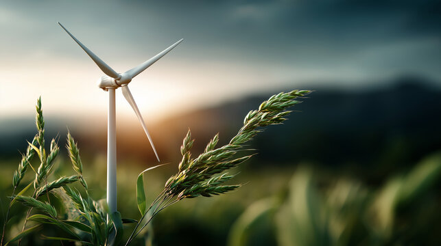 Landscape with turbine green energy electricity generation defocused agricultural field background renewable power production clean energy concept sustainable electricity - Powered by Adobe