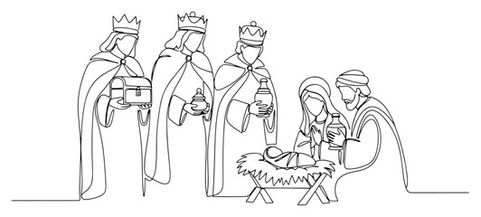 Continuous one line drawing of Nativity scene with Holy Family and Three Wise Men minimalist vector illustration for Christian holiday design