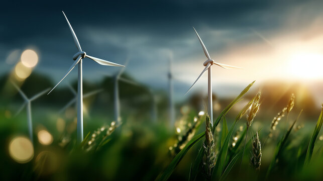 Landscape with turbine green energy electricity generation defocused agricultural field background renewable power production clean energy concept sustainable electricity