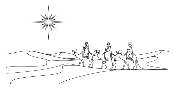 Continuous one line drawing of three wise men riding camels in desert following the star minimalist vector illustration of nativity scene
