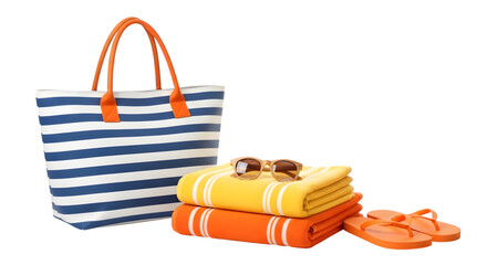 Beach Tote Bag Stacked Towels Sunglasses and Flip Flops on White Background beach bag striped bag isolated on a transparent background
