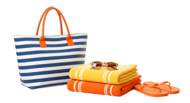 Beach Tote Bag Stacked Towels Sunglasses and Flip Flops on White Background beach bag striped bag isolated on a transparent background