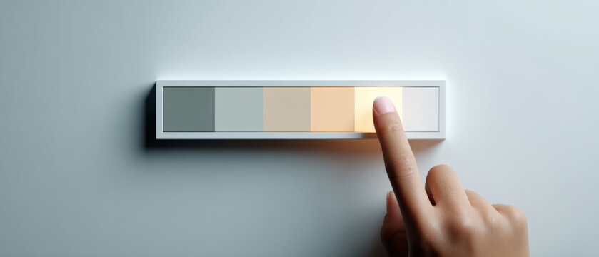 Hand adjusting a modern dimmer light switch with a warm glowing orange light in a minimalist setting