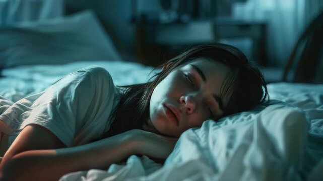 A pensive young woman lies awake in bed with sheets and pillows, bathed in soft light from her side table lamp.